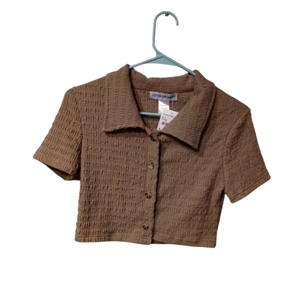 Cotton Emporium Textured Tan Button-Up Top Sz M New
